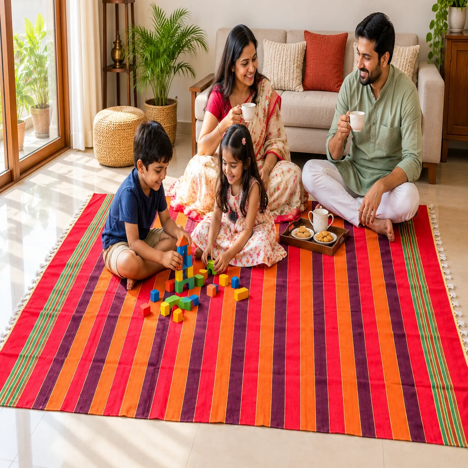 Natural Ba6×9 Feet Traditional Striped Satranji – Floor Mat & Home Usemboo Walking Stick with Curved Handle