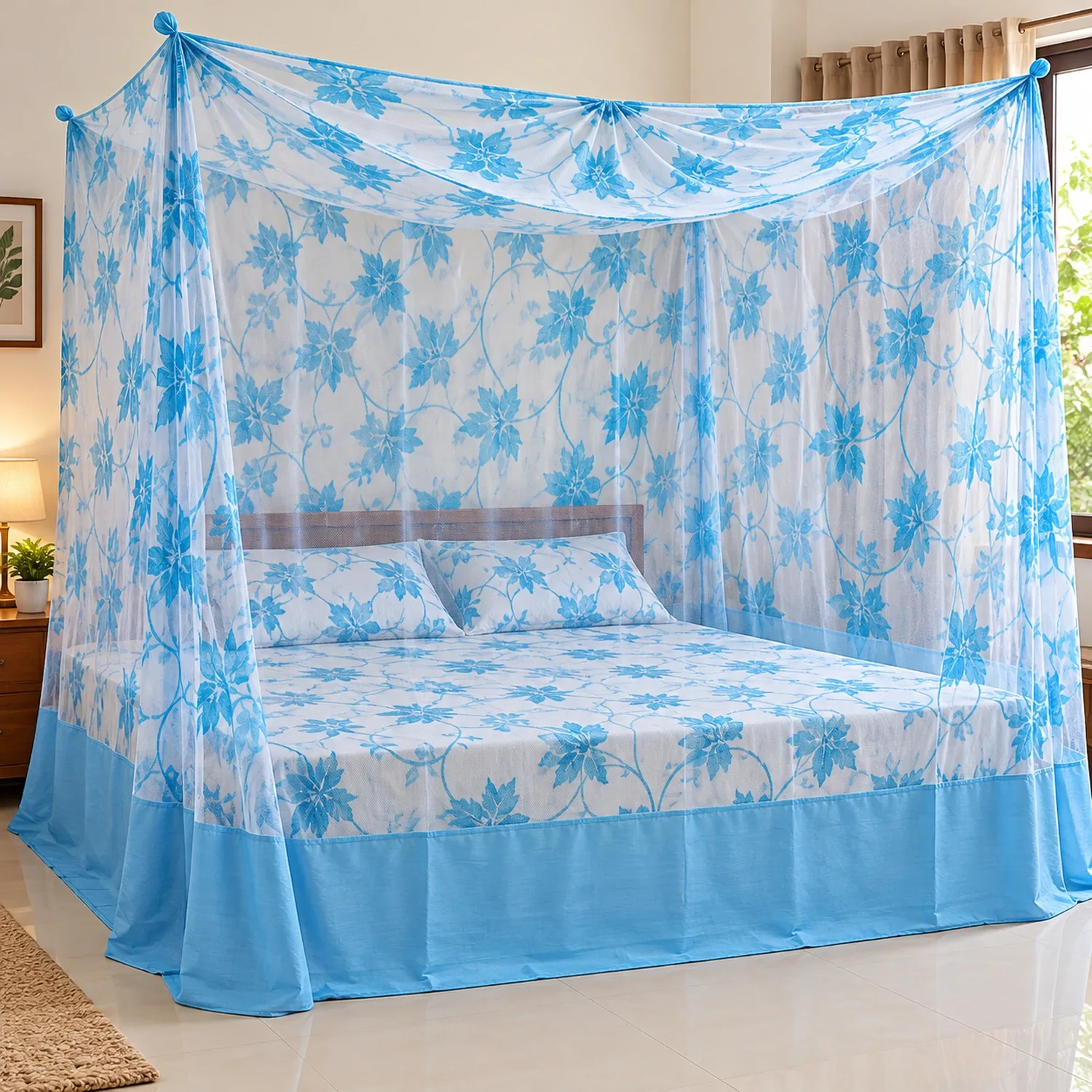 Blue Floral Mosquito Net 6x7 Feet – Foldable Bed Mosquito Net | Basanti Bedding