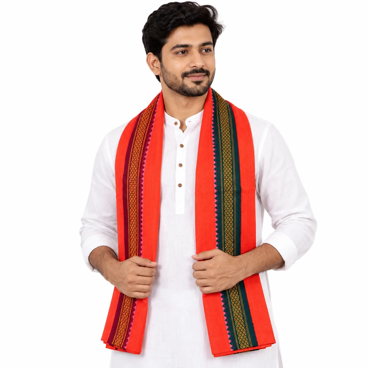Men's Traditional Orange Red Uttoriyo – Decorative Border Angavastram