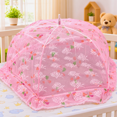 Baby Umbrella Round Folding Mosquito Net for Baby Bed – Pink Floral Design | Basanti Bedding