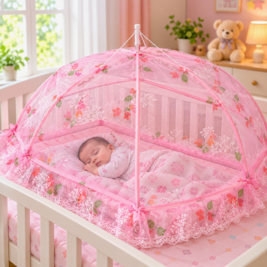 Baby Umbrella Round Folding Mosquito Net for Baby Bed – Pink Floral Design | Basanti Bedding photo 3