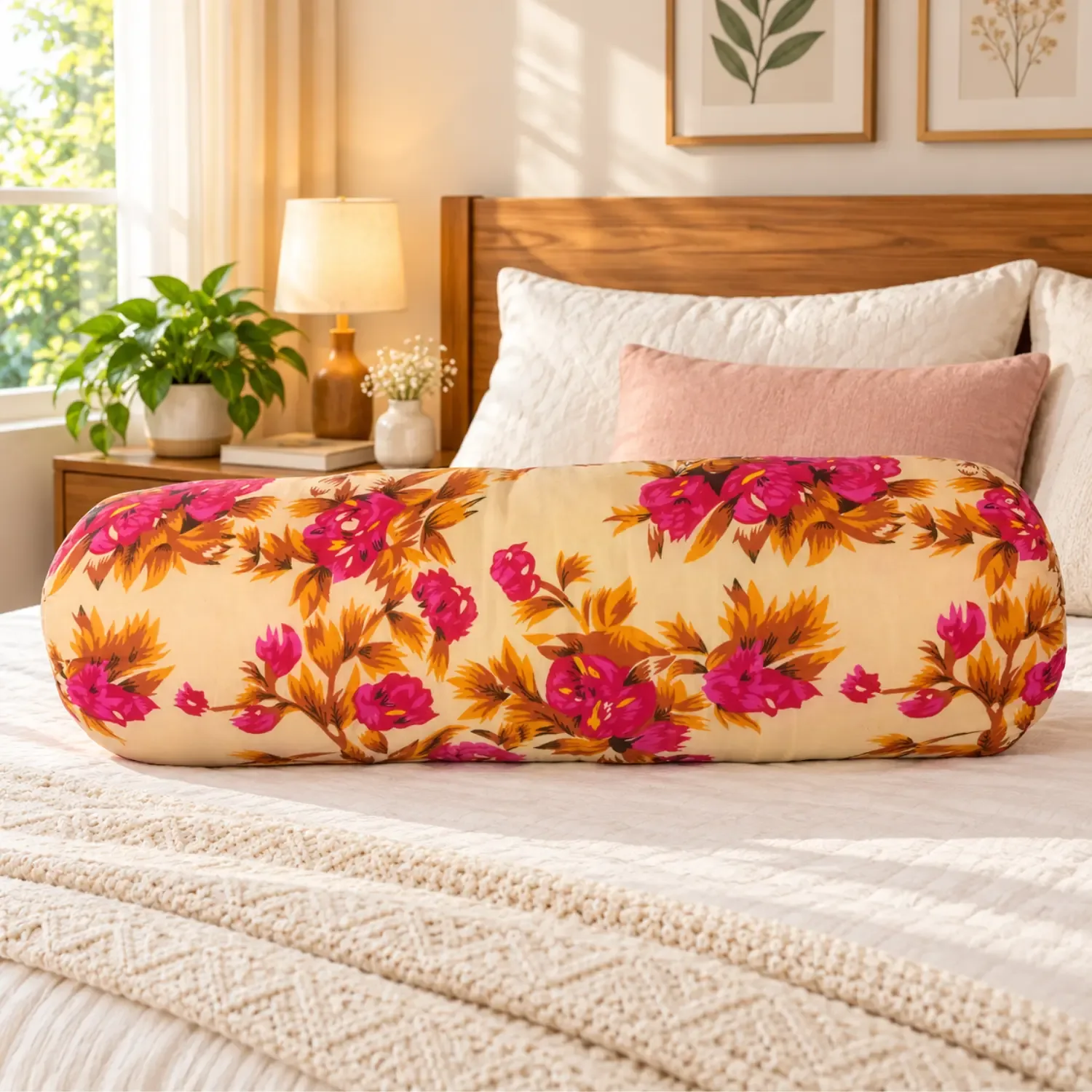 Natural Shimul Tula Pillow 80 cm with Floral Cotton Fabric Cover | Basanti Bedding