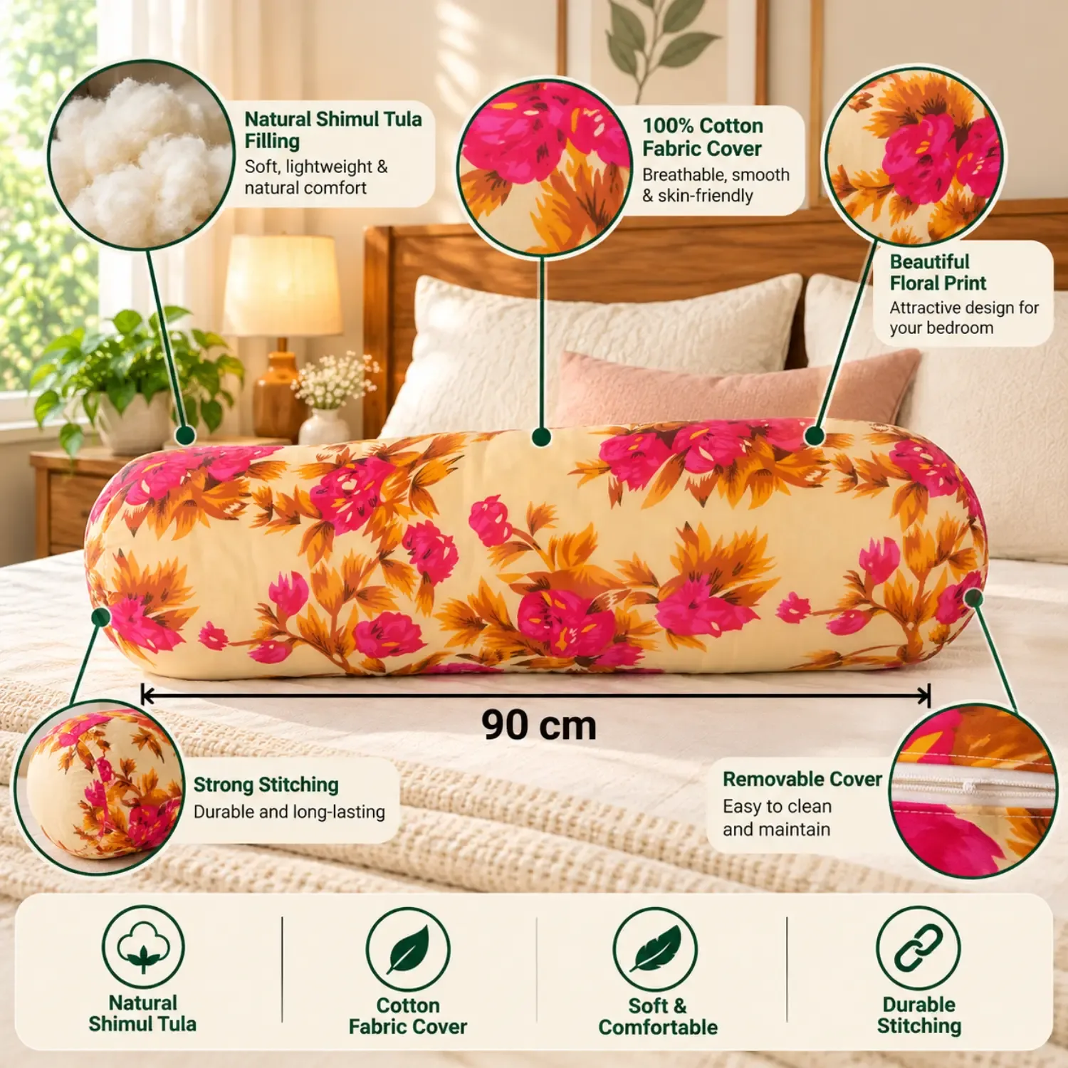 Natural Shimul Tula Pillow 80 cm with Floral Cotton Fabric Cover | Basanti Bedding photo 3