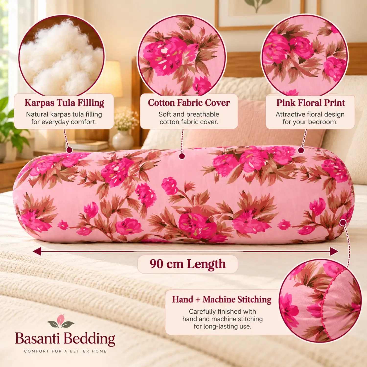 Natural Karpas Tula Pillow 80 cm with Floral Cotton Fabric Cover | Basanti Bedding photo 2