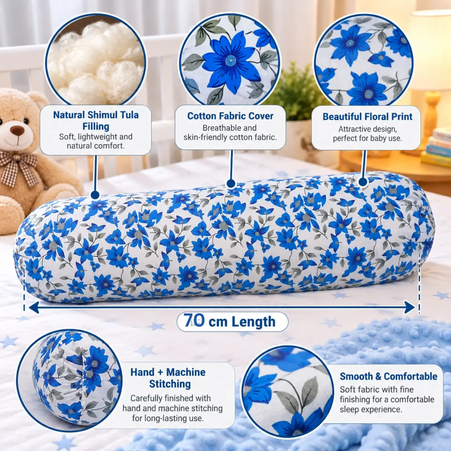 Natural Shimul Tula Baby Side Pillow 70 cm with Multicolor Cotton Cover | Basanti Bedding photo 3