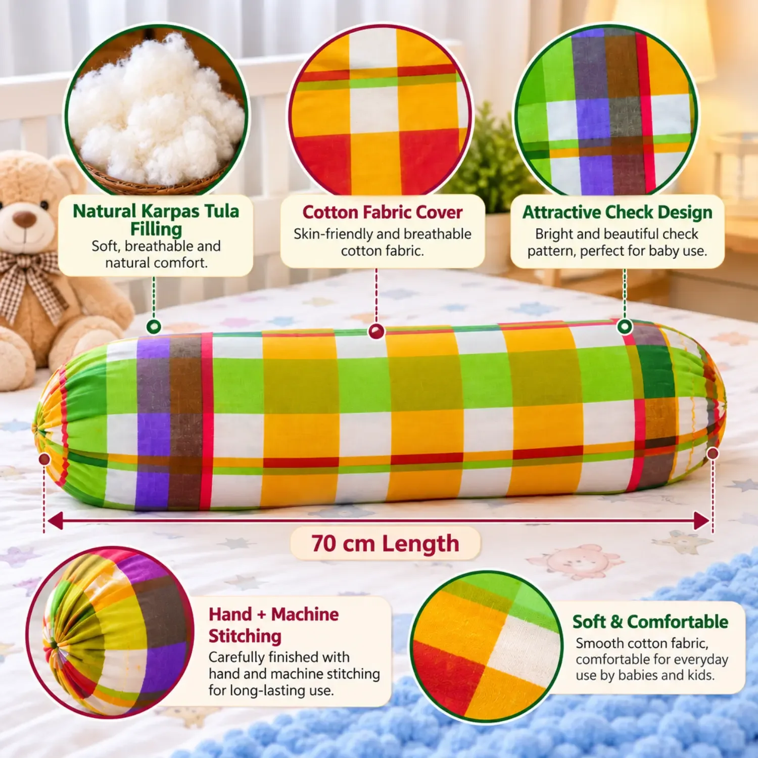 Baby Karpas Cotton Bolster Pillow 70 cm – Colorful Cotton Fabric | Basanti Bedding photo 2
