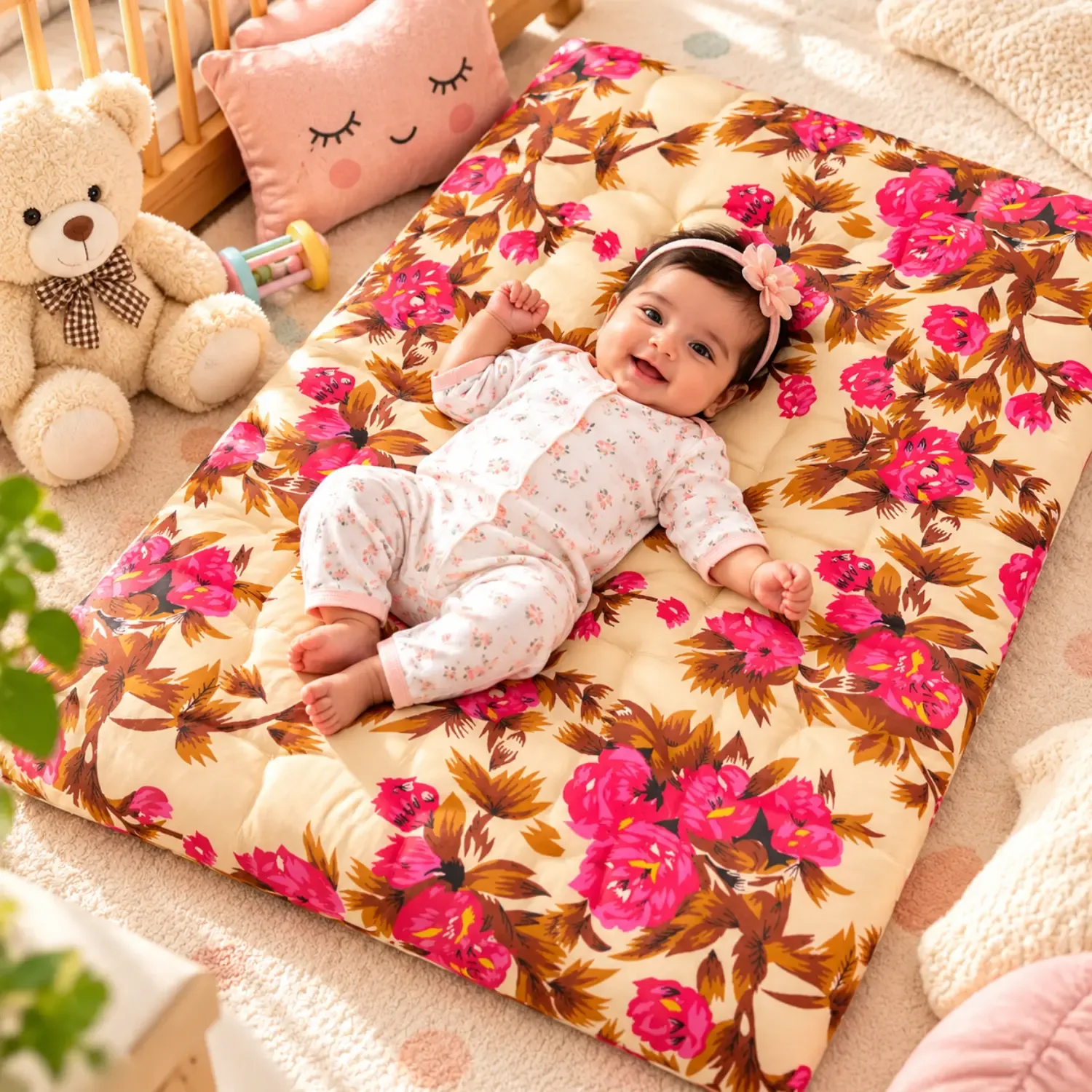 New Born Baby Godadi Soft Cotton Quilt – Cream Floral Baby Bedding | Basanti Bedding