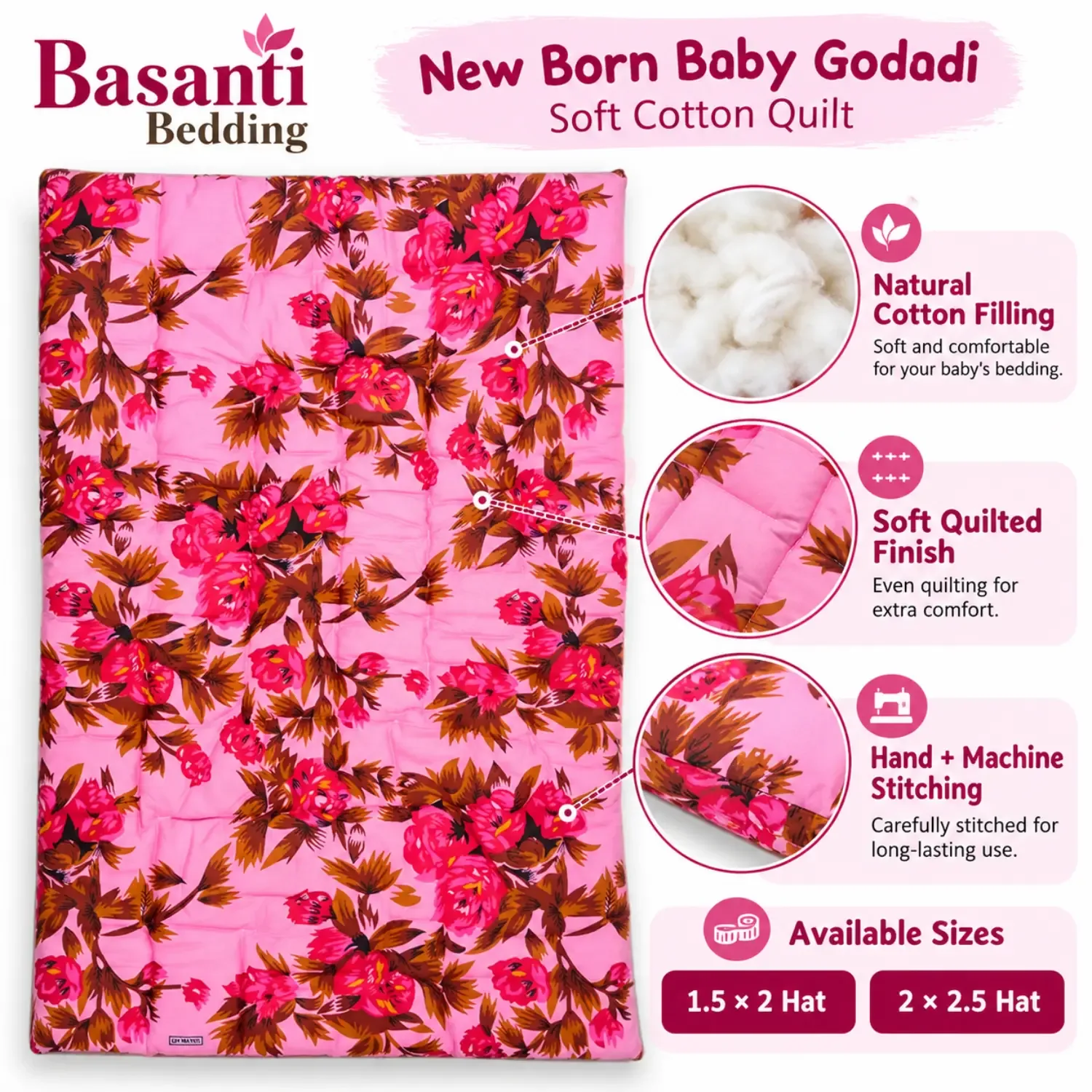 New Born Baby Godadi Soft Cotton Quilt – Cream Floral Baby Bedding | Basanti Bedding photo 3