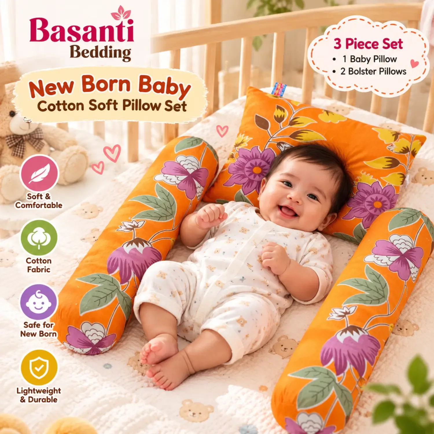 New Born Baby Cotton Pillow Set – 1 Baby Pillow + 2 Bolster Pillows | Basanti Bedding
