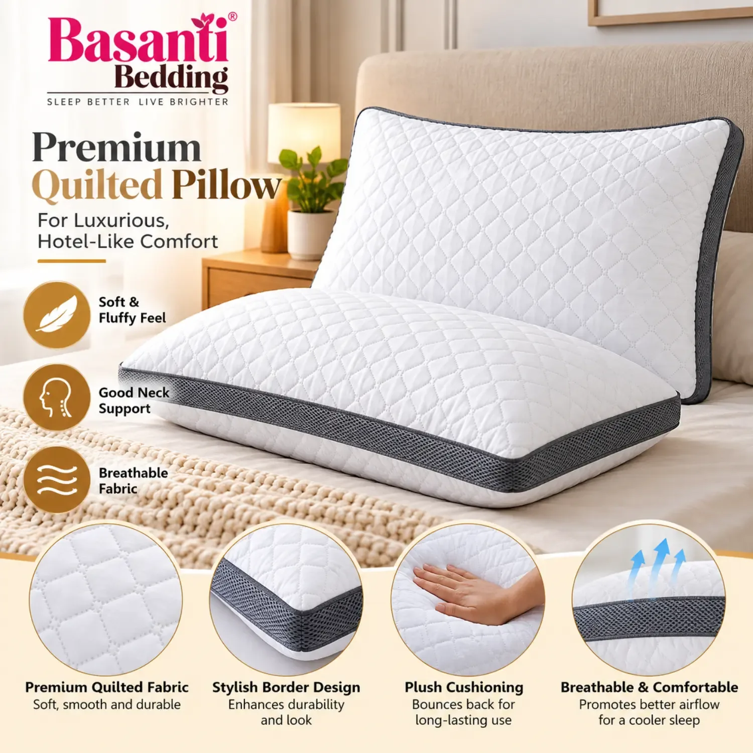 Basanti Bedding Premium Quilted Microfiber Pillow for Neck Support – White with Grey Border photo 4