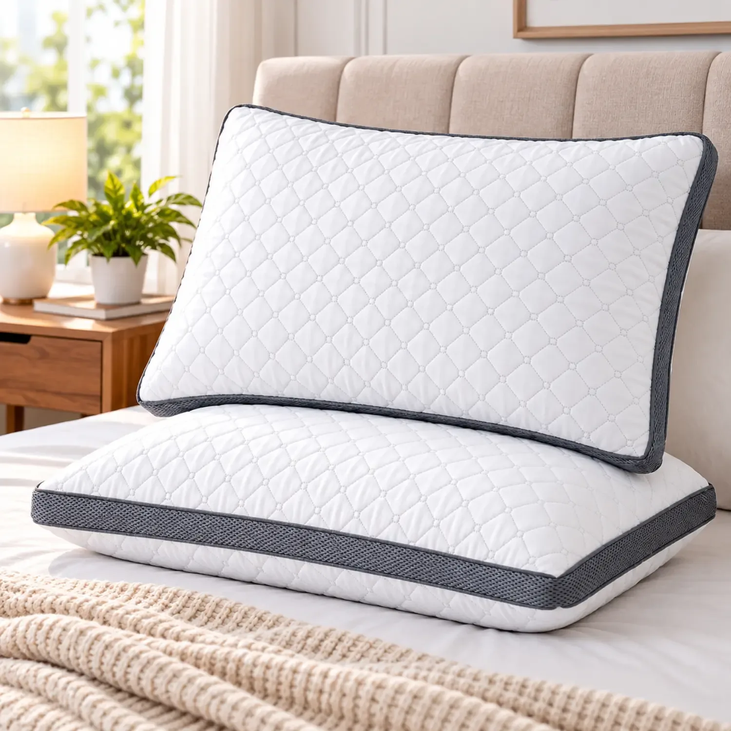 Basanti Bedding Premium Quilted Microfiber Pillow for Neck Support – White with Grey Border